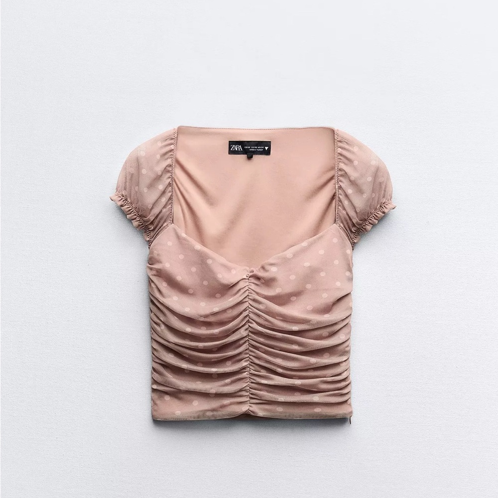 Zara Polka Dot Top Printed Tulle Blush Ruched Blouse